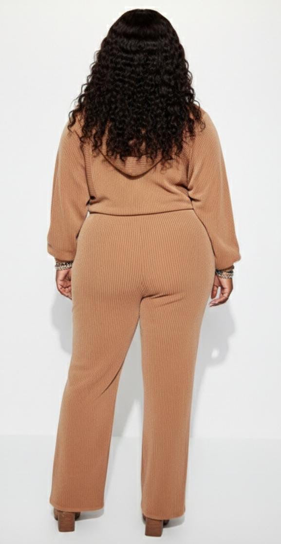 Camel Ribbed Riley Plus Size Zip-Up Hoodie &amp; Wide Leg Pants Set