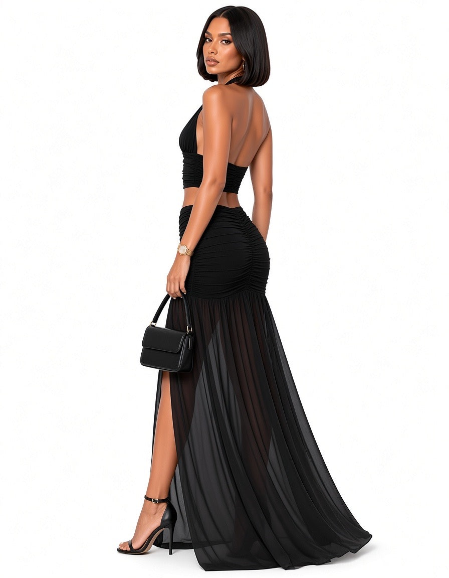 Black Felicity Halter Crop Top &amp; Sheer Maxi Skirt Set