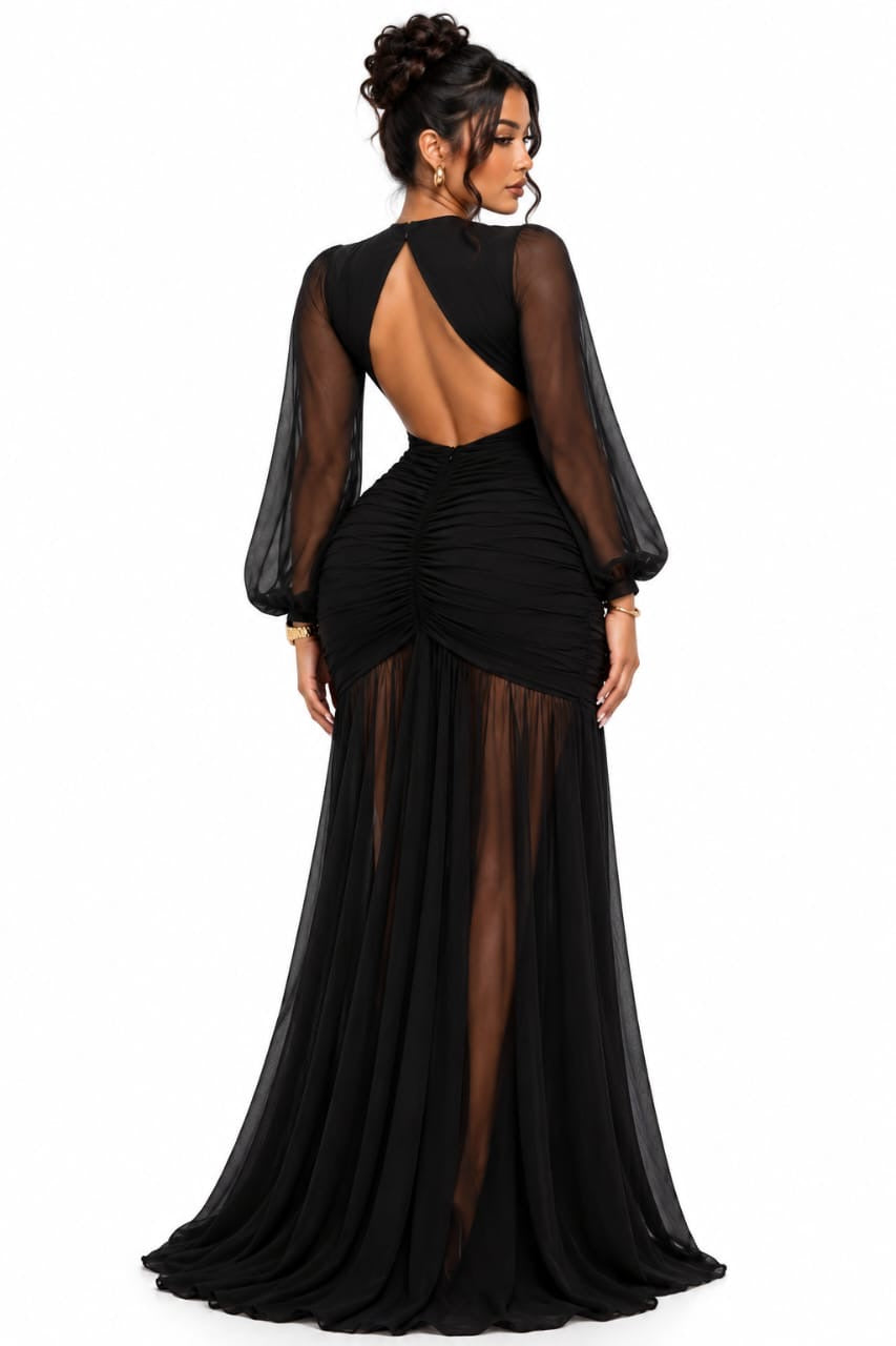 Black Juliet Sheer Sleeve Cutout Maxi Dress