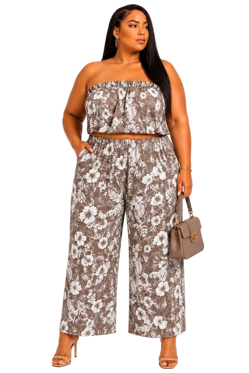 Taupe Iris Plus Size Floral Strapless Crop Top &amp; Wide-Leg Pants Set
