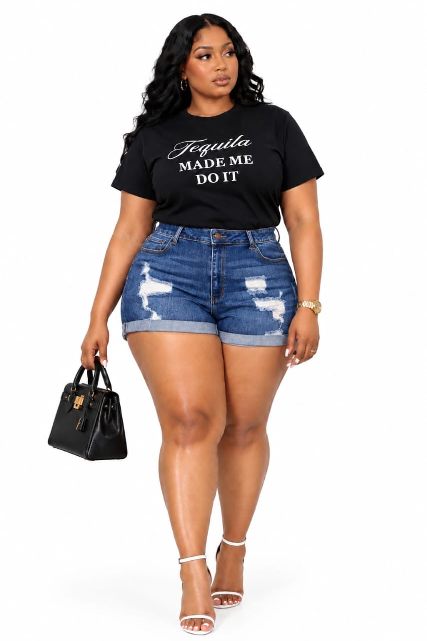 Black Graphics T-shirt &amp; Jasmine Distressed Denim Shorts Curated Look