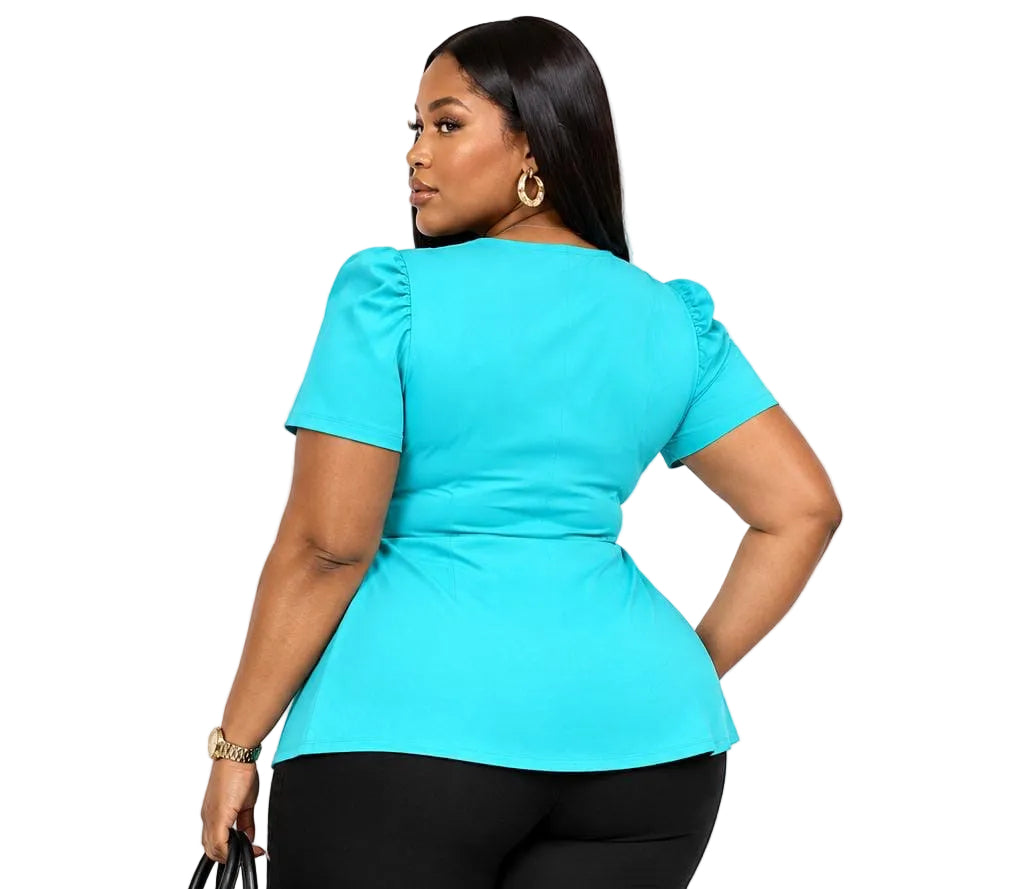 Turquoise Claire Plus Size Puff Sleeve Wrap Top