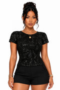 Black Kendall Sequin Short Sleeve Top