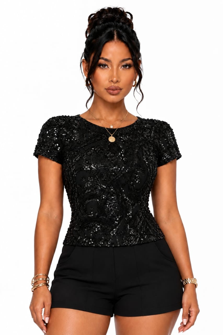 Black Kendall Sequin Short Sleeve Top