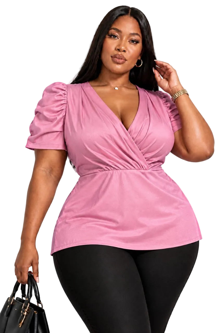 Pink Claire Plus Size Puff Sleeve Wrap Top