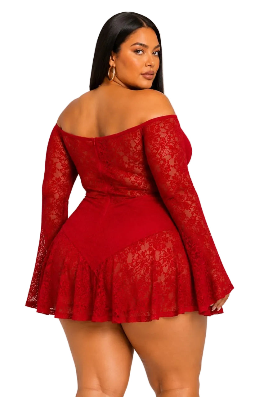 Red Lace Off-Shoulder Brielle Plus Size Mini Dress