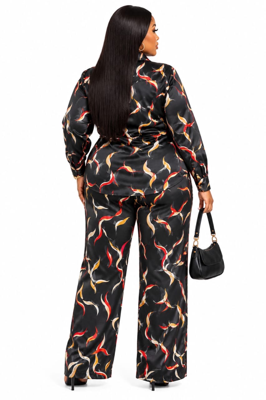 Black Finley Plus Size Printed Satin Shirt &amp; Wide-Leg Pants Set