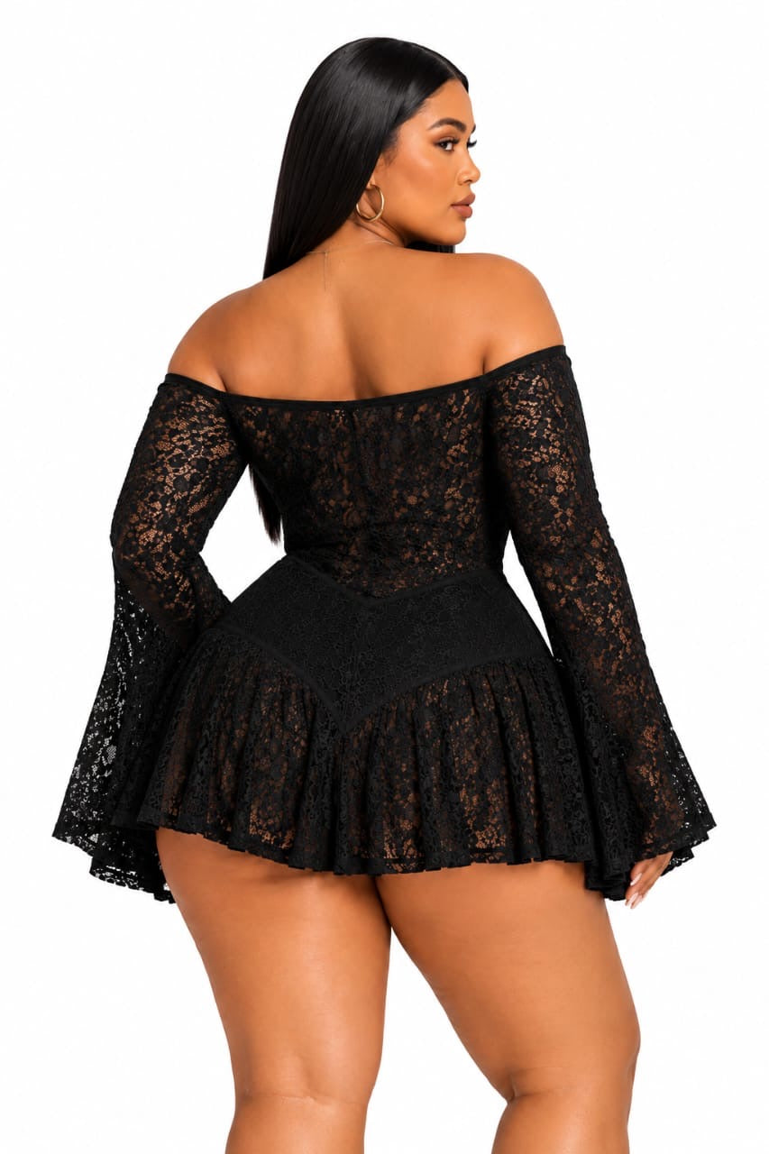 Black Lace Off-Shoulder Brielle Plus Size Mini Dress