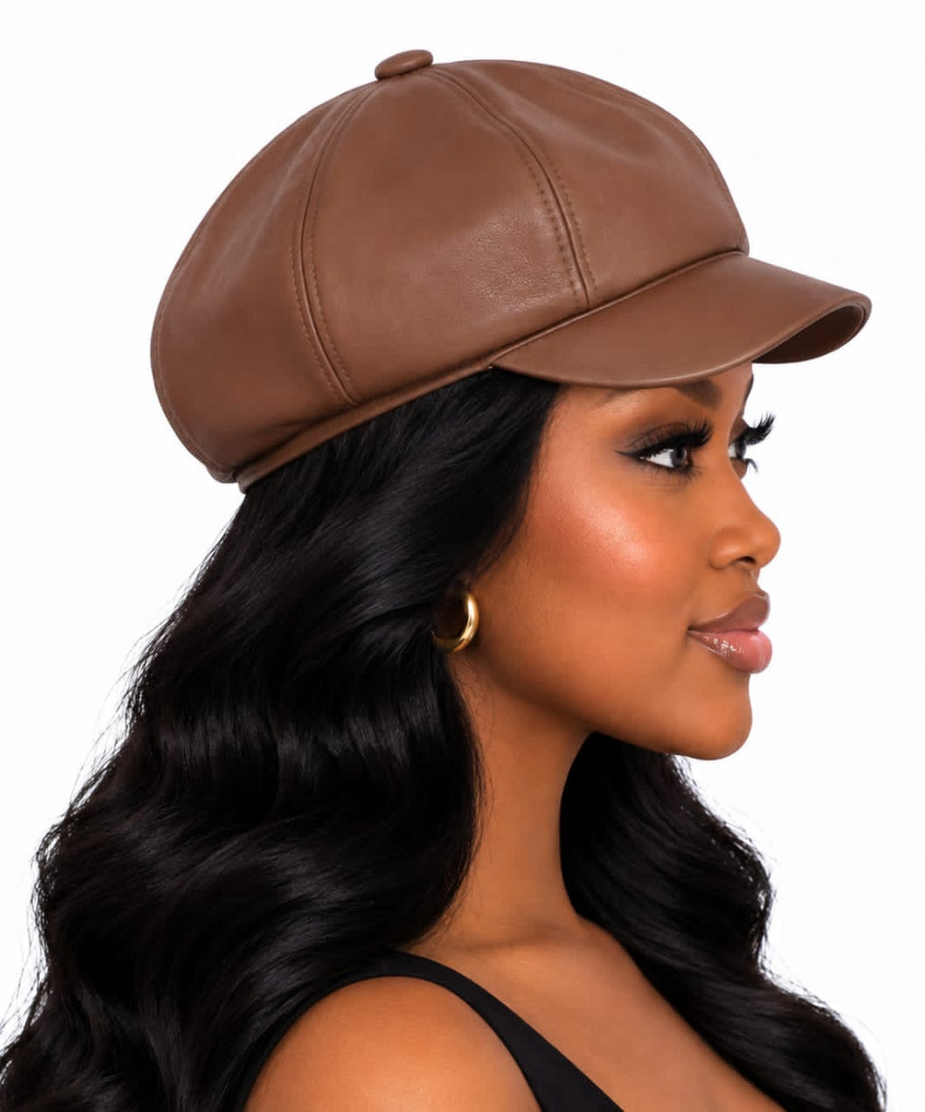 Brown Arielle Faux Leather Newsboy Hat