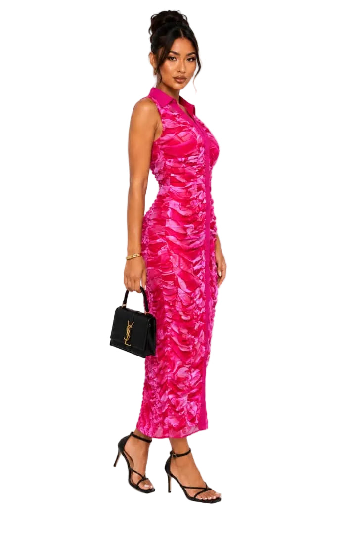 Pink Sophia Ruched Button-Front Midi Dress