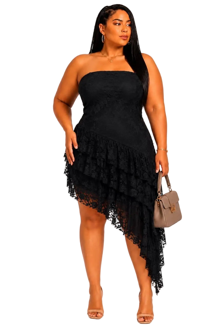 Black Thea Plus Size Lace Ruffle High-Low Dress