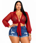 Red Sloane Plus Size Sheer Tie-Front Top