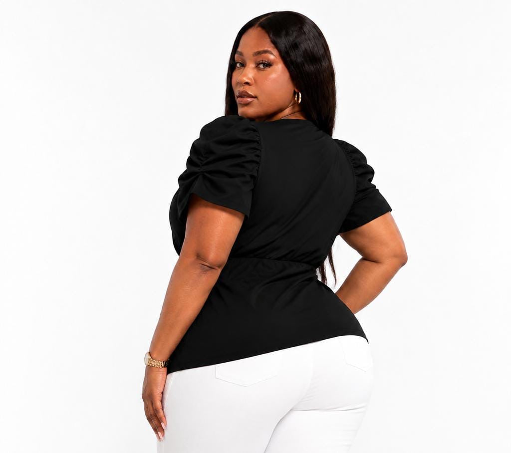 Black Claire Plus Size Puff Sleeve Wrap Top