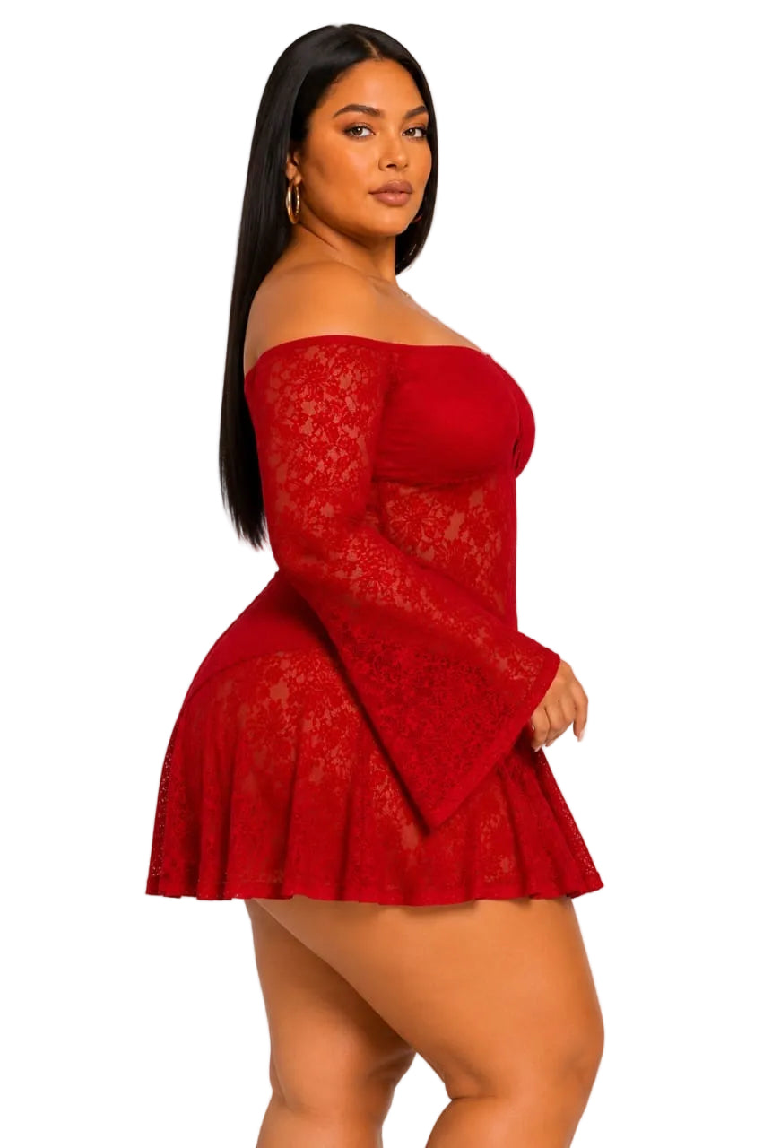 Red Lace Off-Shoulder Brielle Plus Size Mini Dress
