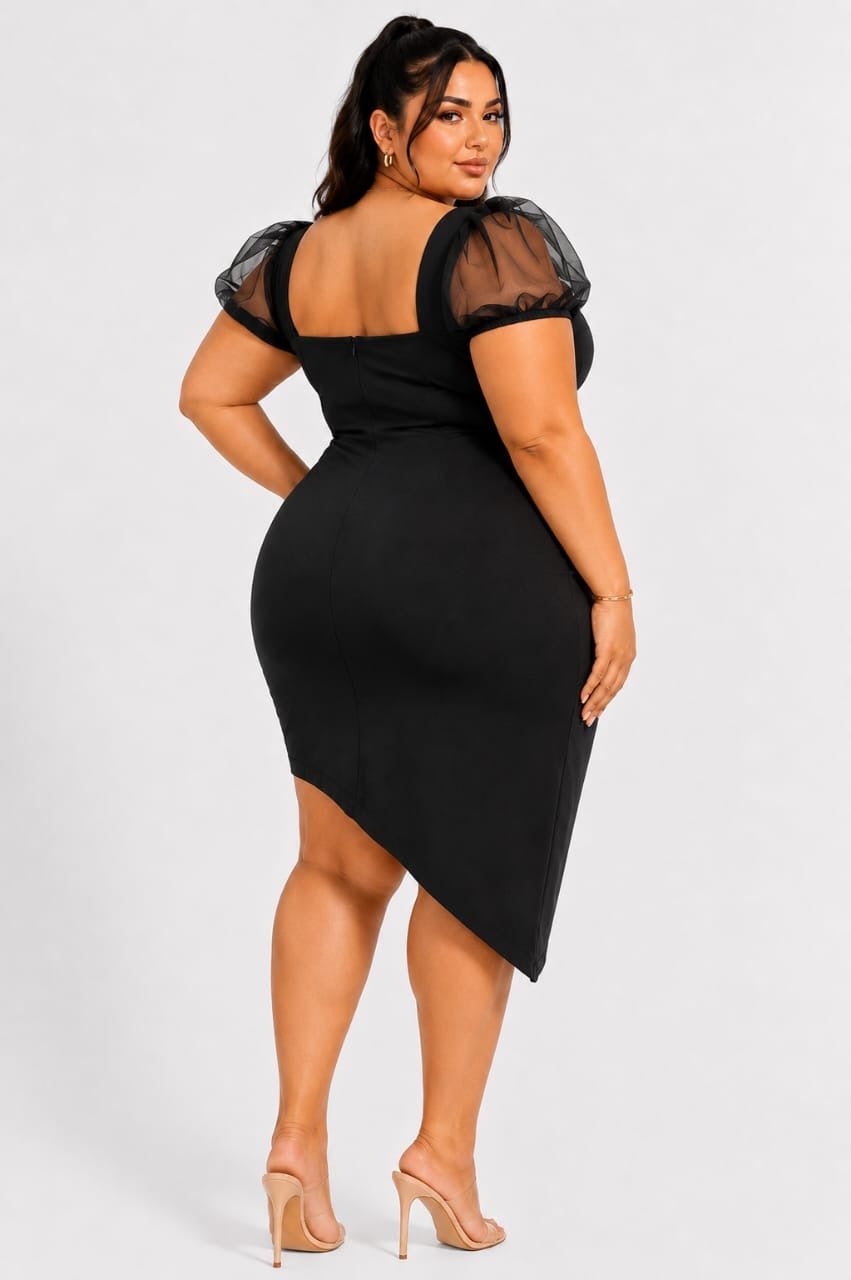 Black Mira Plus Size Mesh Puff Sleeve Corset Mini Dress