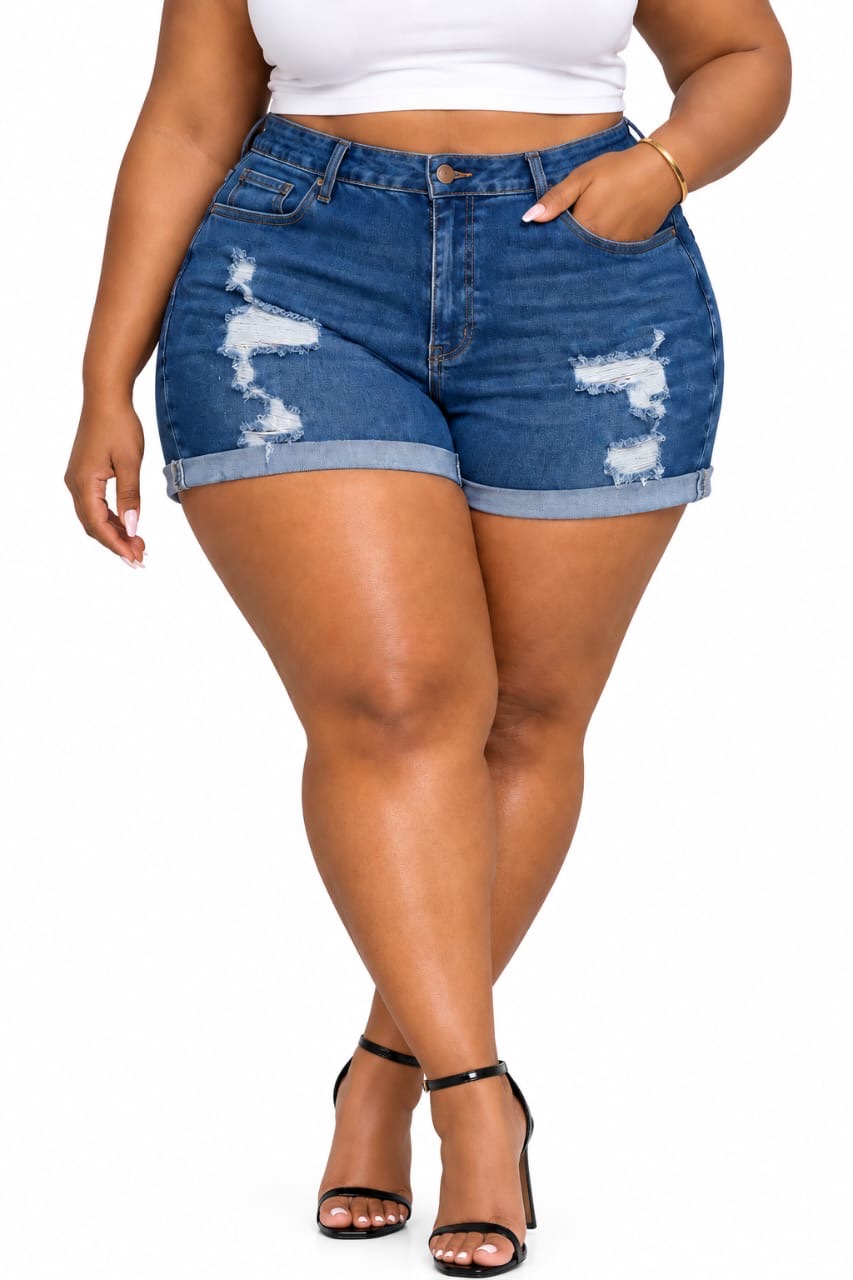 Medium Wash Chloe Distressed Cuffed Plus Size Denim Shorts