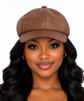 Brown Arielle Faux Leather Newsboy Hat