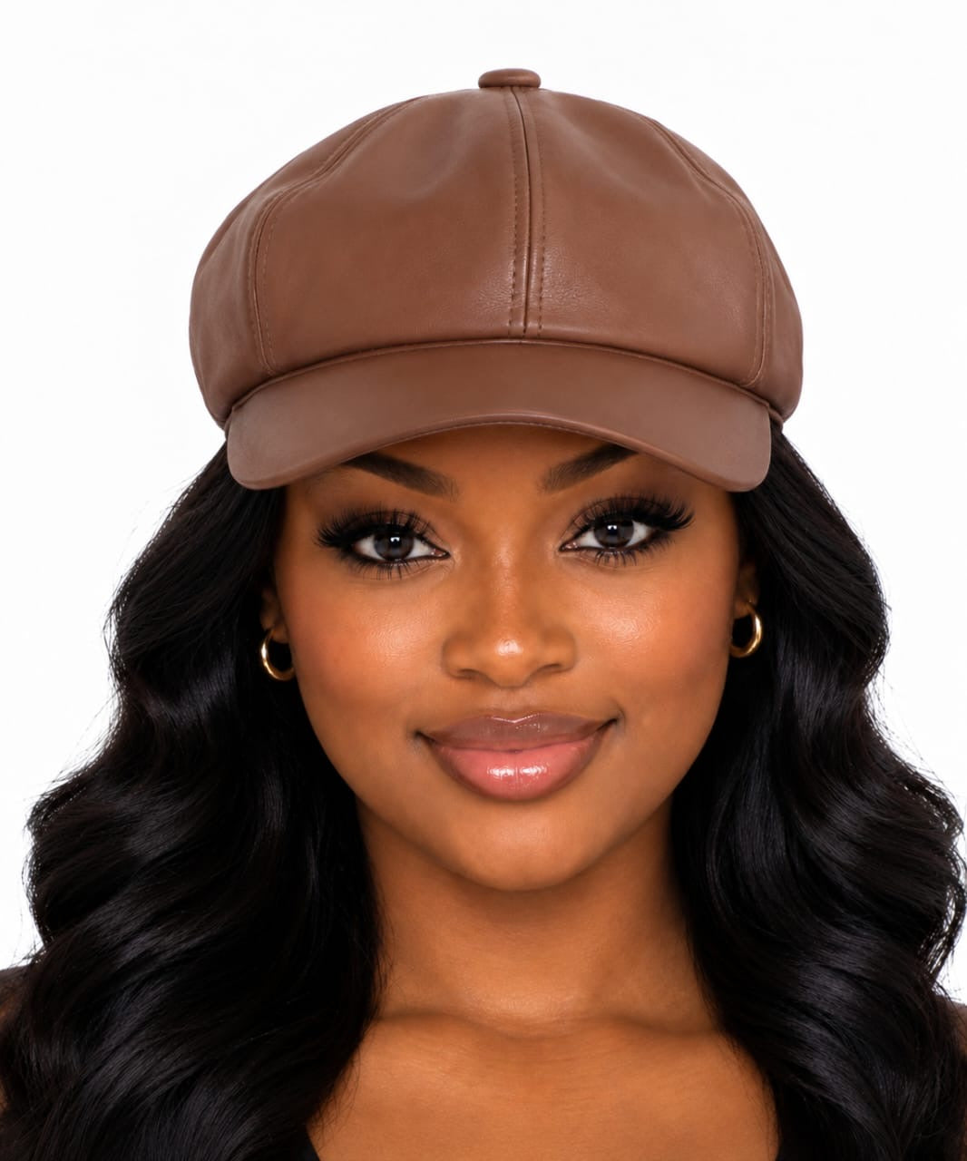 Brown Arielle Faux Leather Newsboy Hat