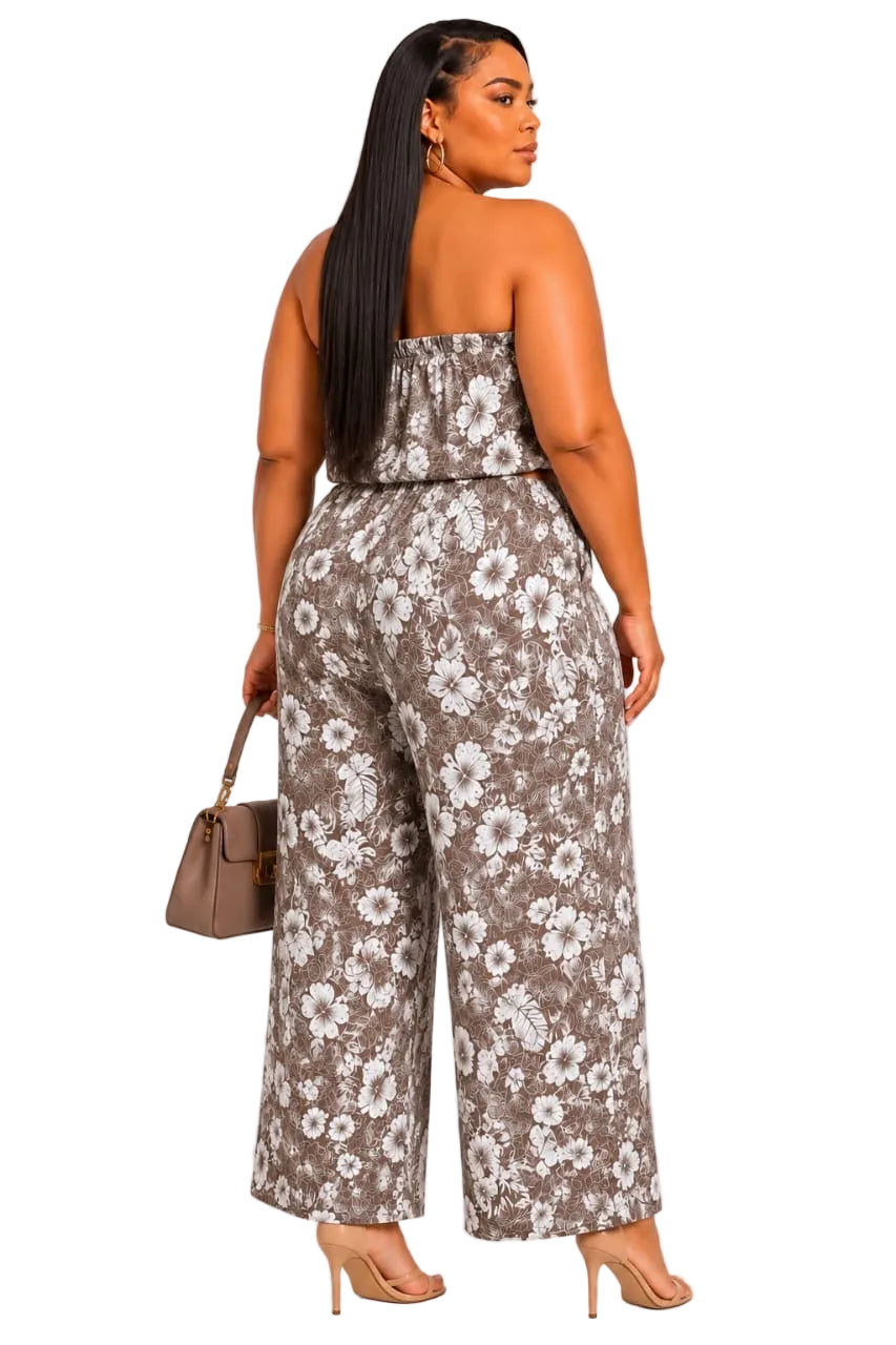 Taupe Iris Plus Size Floral Strapless Crop Top &amp; Wide-Leg Pants Set