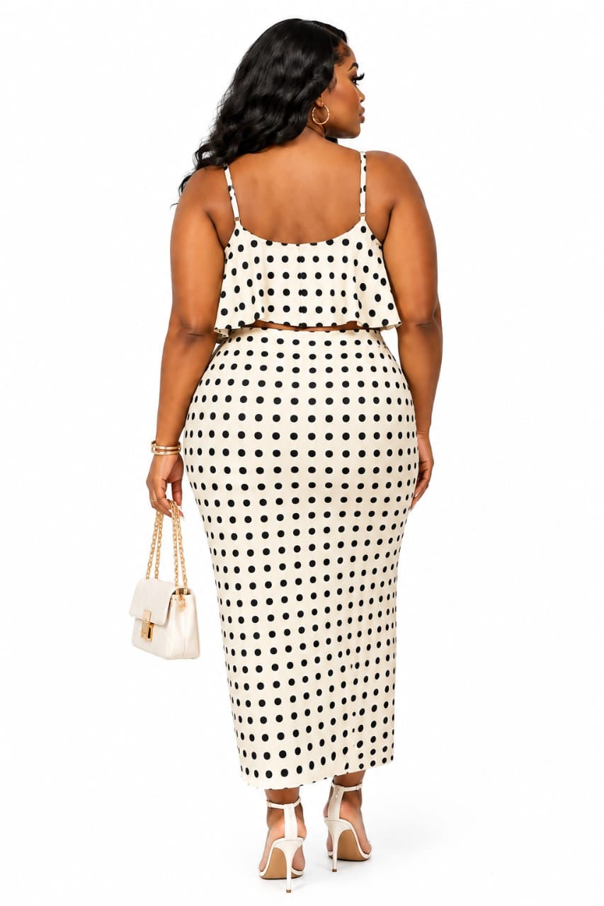 Cream Hazel Plus Size Polka Dot Cowl Crop Top &amp; Midi Skirt Set