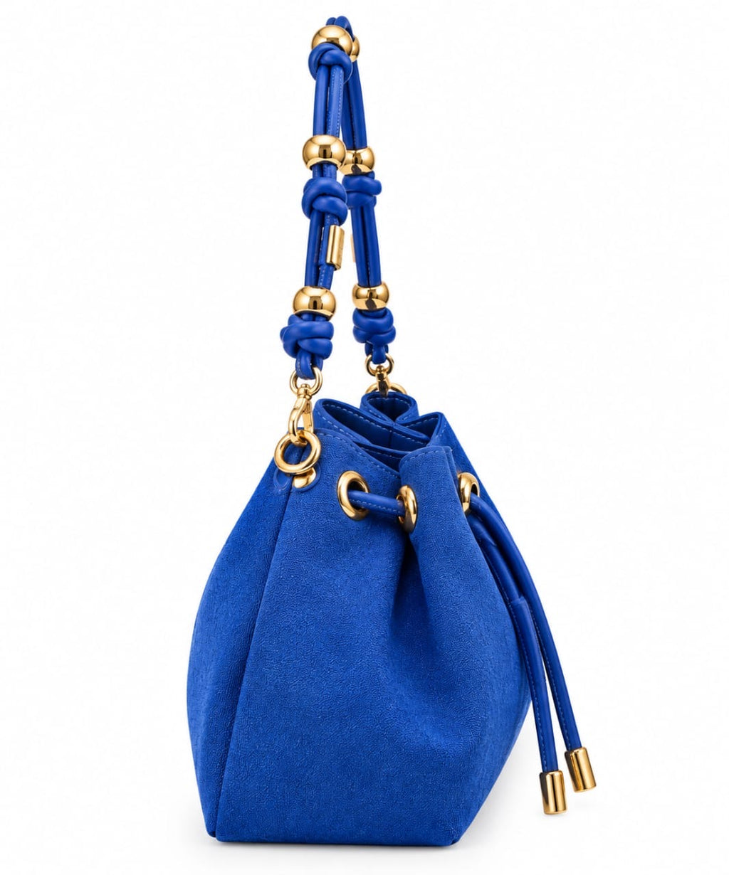 Blue Elena Suede Drawstring Handbag