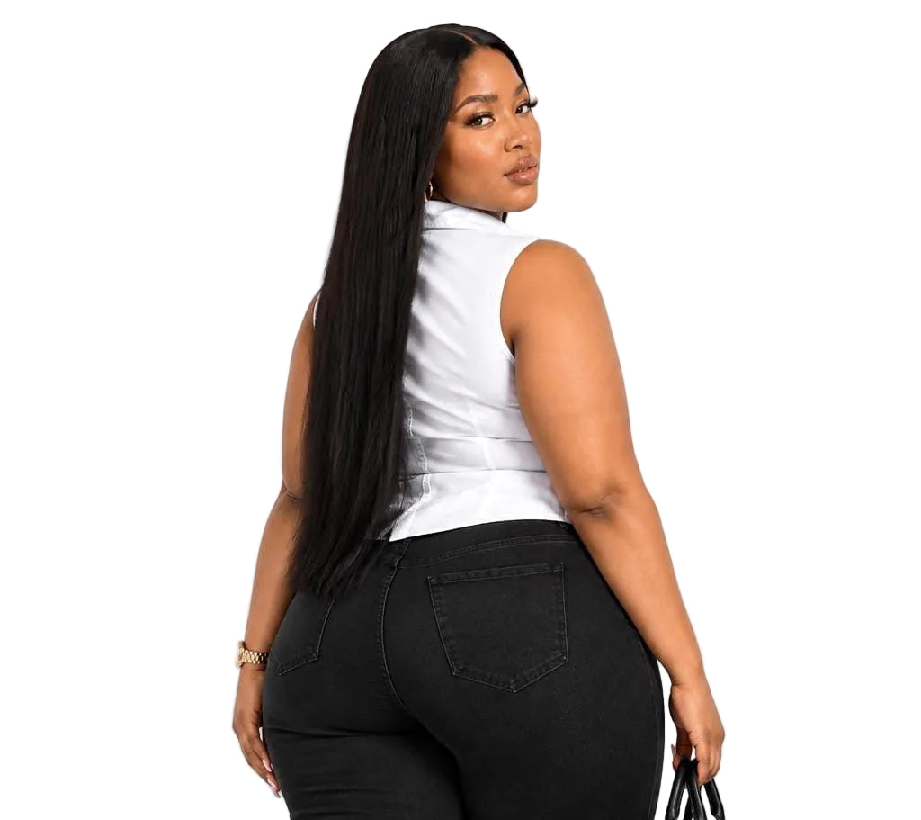 White Casey Plus Size Ruched Sleeveless Button-Up Top