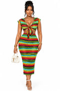 Multicolor Faith Crochet Tie Front Top &amp; Midi Skirt Set