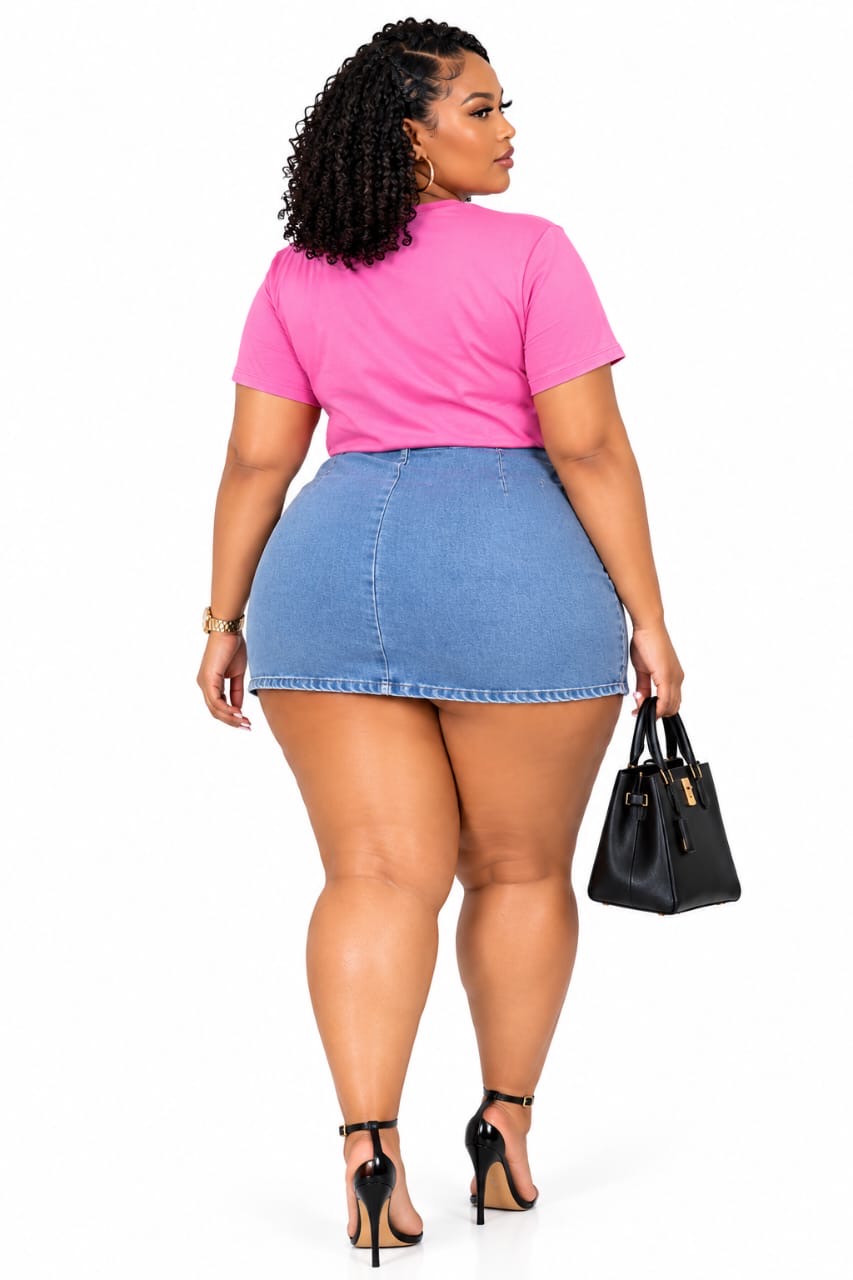 Pink Graphics T-shirt &amp; Light Blue Nola Lace up skirt Curated Look&nbsp;