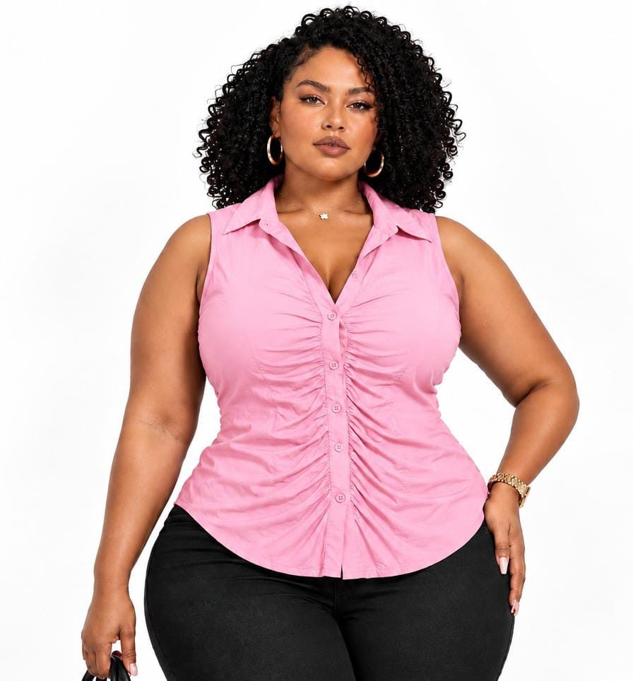 Pink Casey Plus Size Ruched Sleeveless Button-Up Top