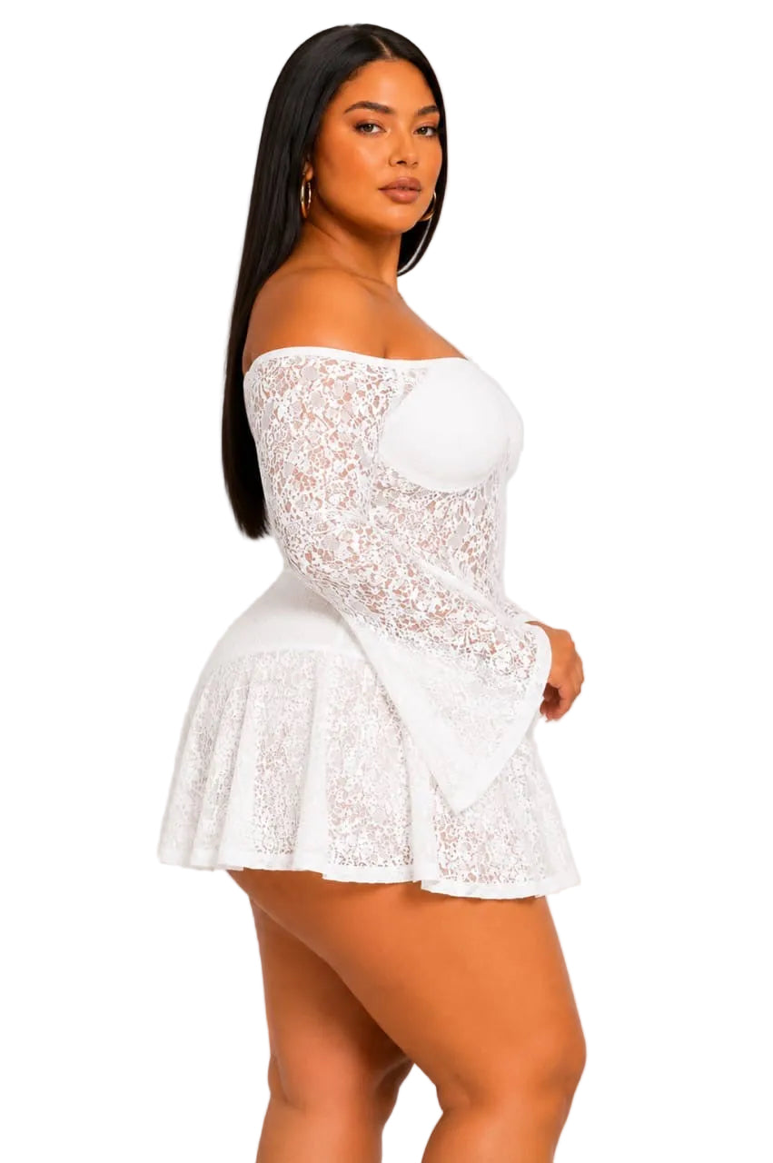 white Lace Off-Shoulder Brielle Plus Size Mini Dress
