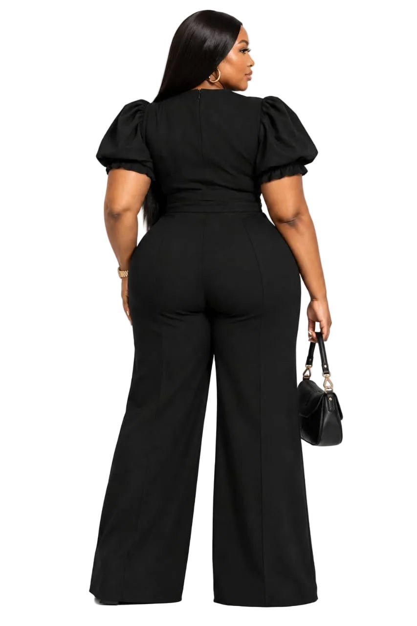 Black Ivy Plus Size Puff Sleeve Wide-Leg Jumpsuit