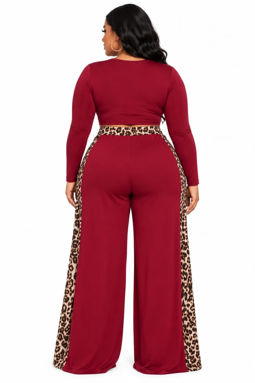 Burgundy Leopard Hazel Plus Size 2-Piece Long Sleeve Crop Top &amp; Wide Leg Pants Set