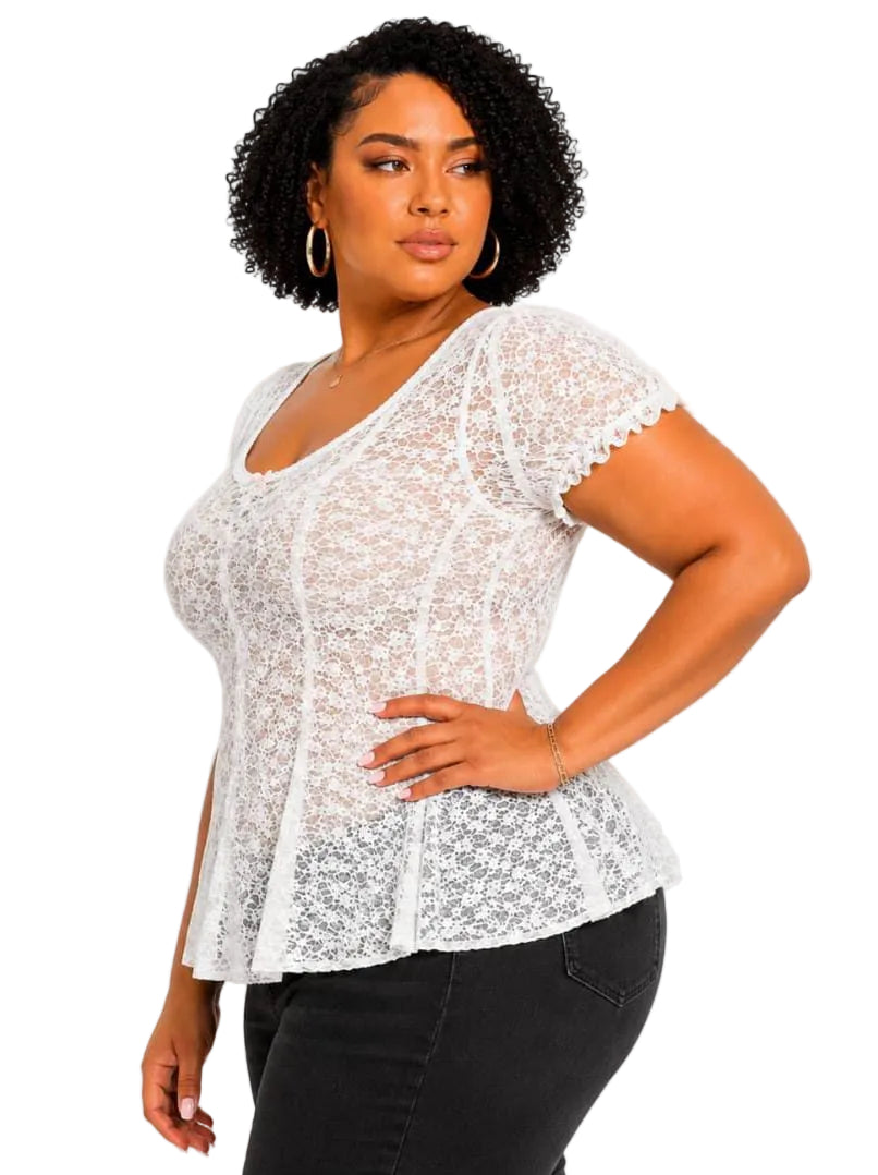 White Lace Amelia Peplum Plus Size Top
