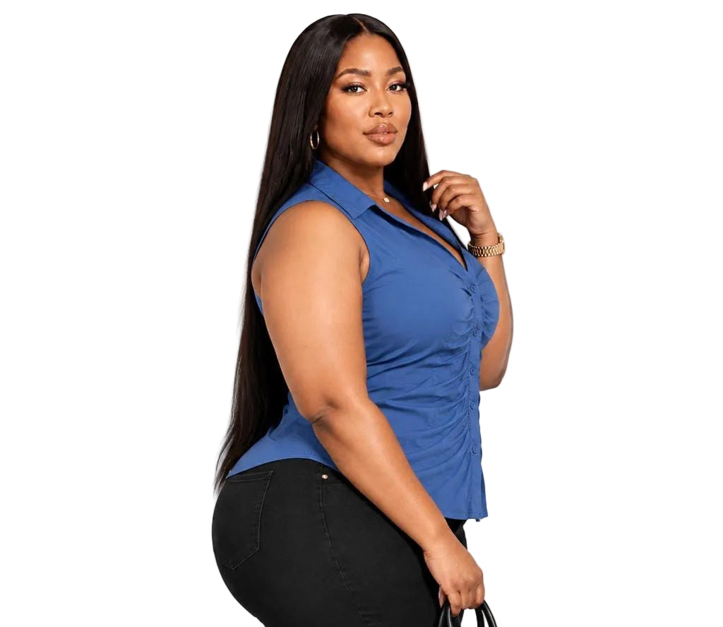 Blue Casey Plus Size Ruched Sleeveless Button-Up Top