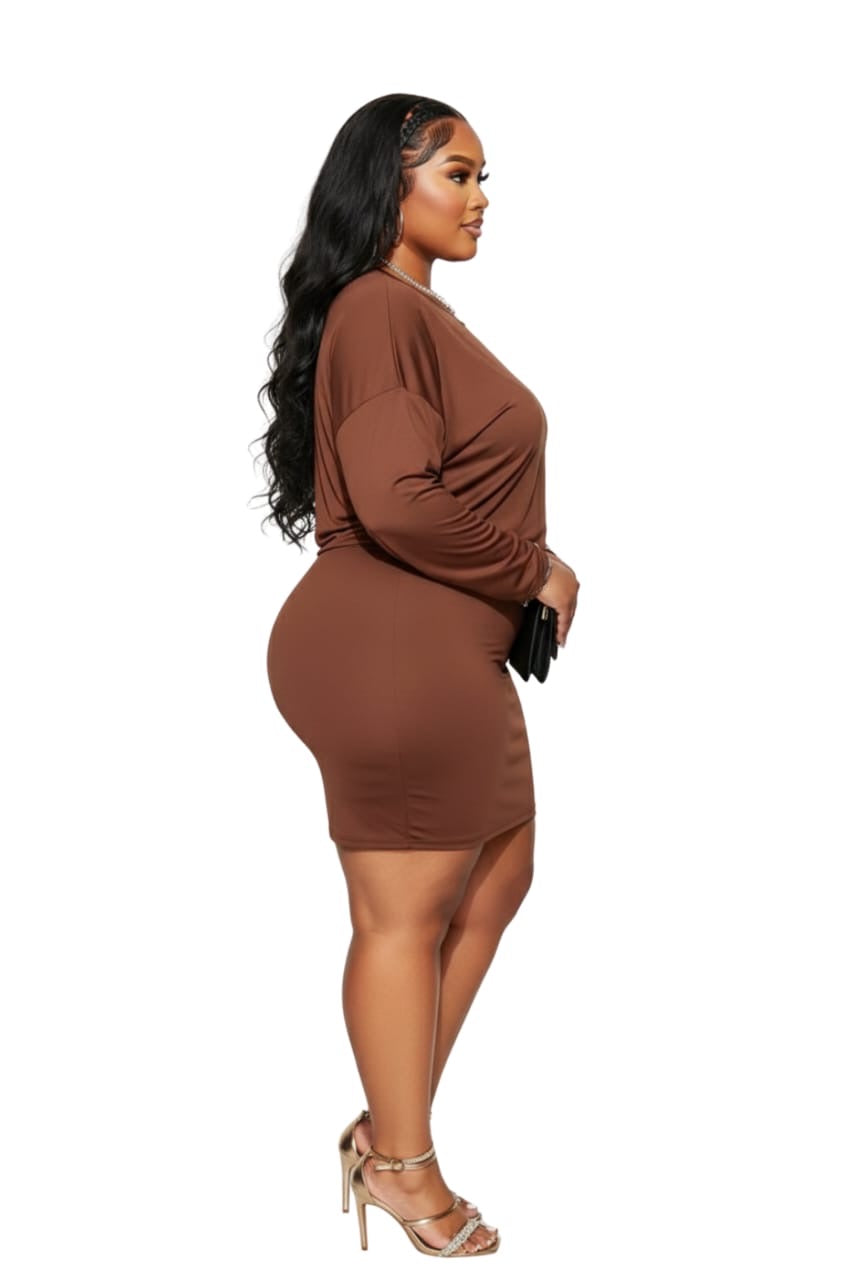 Chocolate Brown Camila Plus Size 2-Piece Long Sleeve Bodycon Set