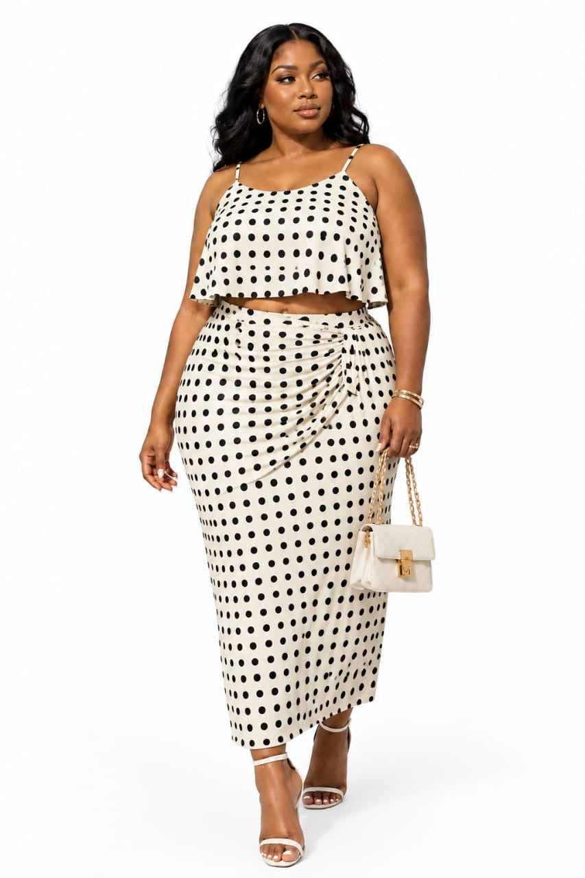 Cream Hazel Plus Size Polka Dot Cowl Crop Top &amp; Midi Skirt Set