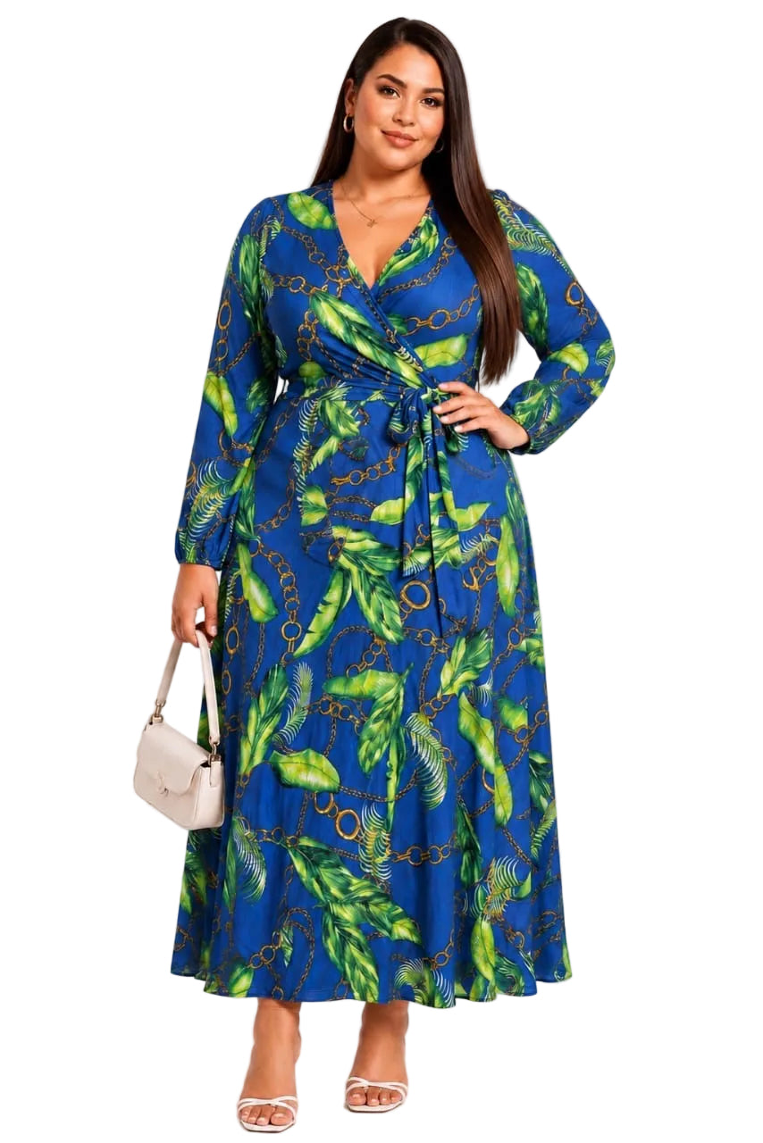 Royal Blue Zaria Plus Size Leaf &amp; Chain Wrap Maxi Dress