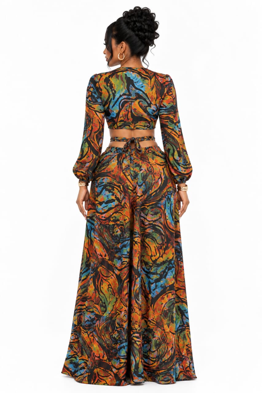 Multicolor Aria Abstract Print Crop Top &amp; Wide-Leg skirt Set
