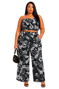 Black &amp; White Willow Plus Size Tropical Strapless Crop Top &amp; Wide-Leg Pants Set