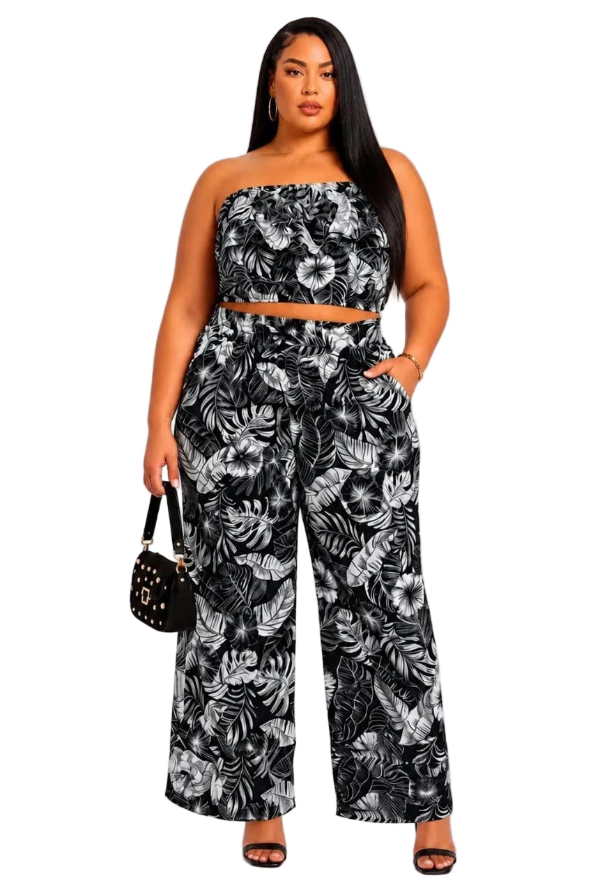 Black &amp; White Willow Plus Size Tropical Strapless Crop Top &amp; Wide-Leg Pants Set