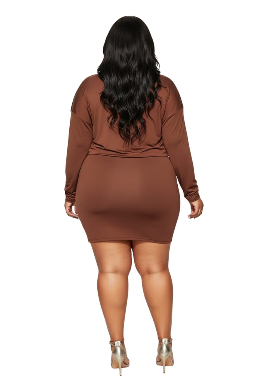 Chocolate Brown Camila Plus Size 2-Piece Long Sleeve Bodycon Set