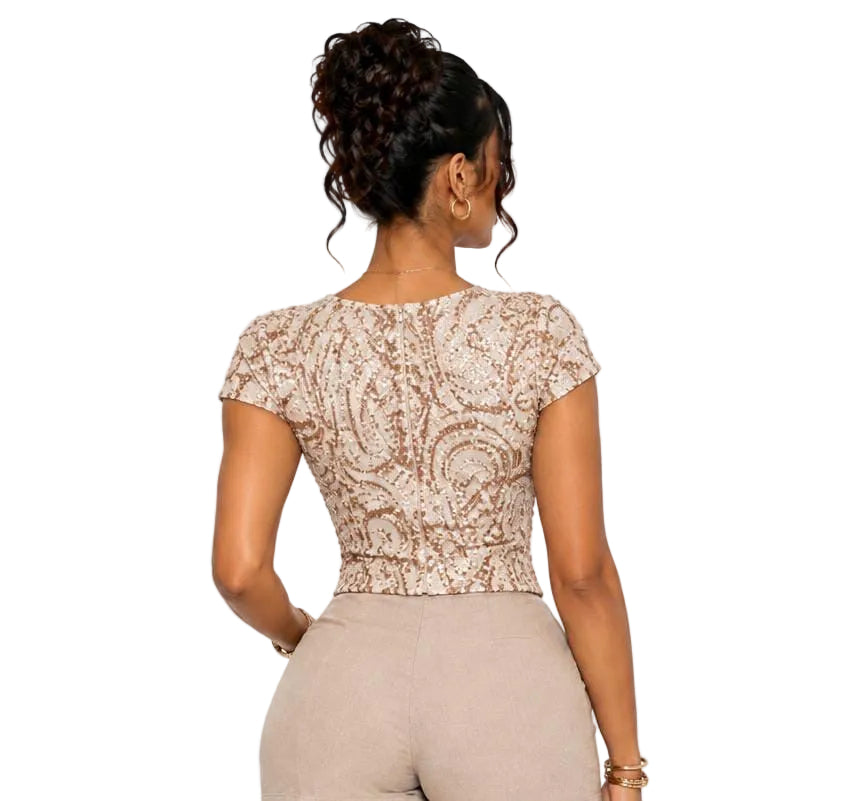 Beige Kendall Sequin Short Sleeve Top