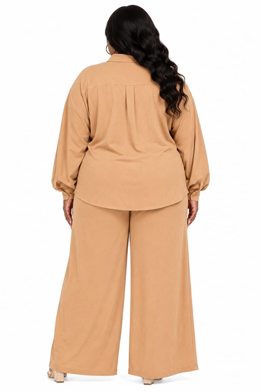 Camel Aria Button-Up Top &amp; Wide-Leg Pants Set