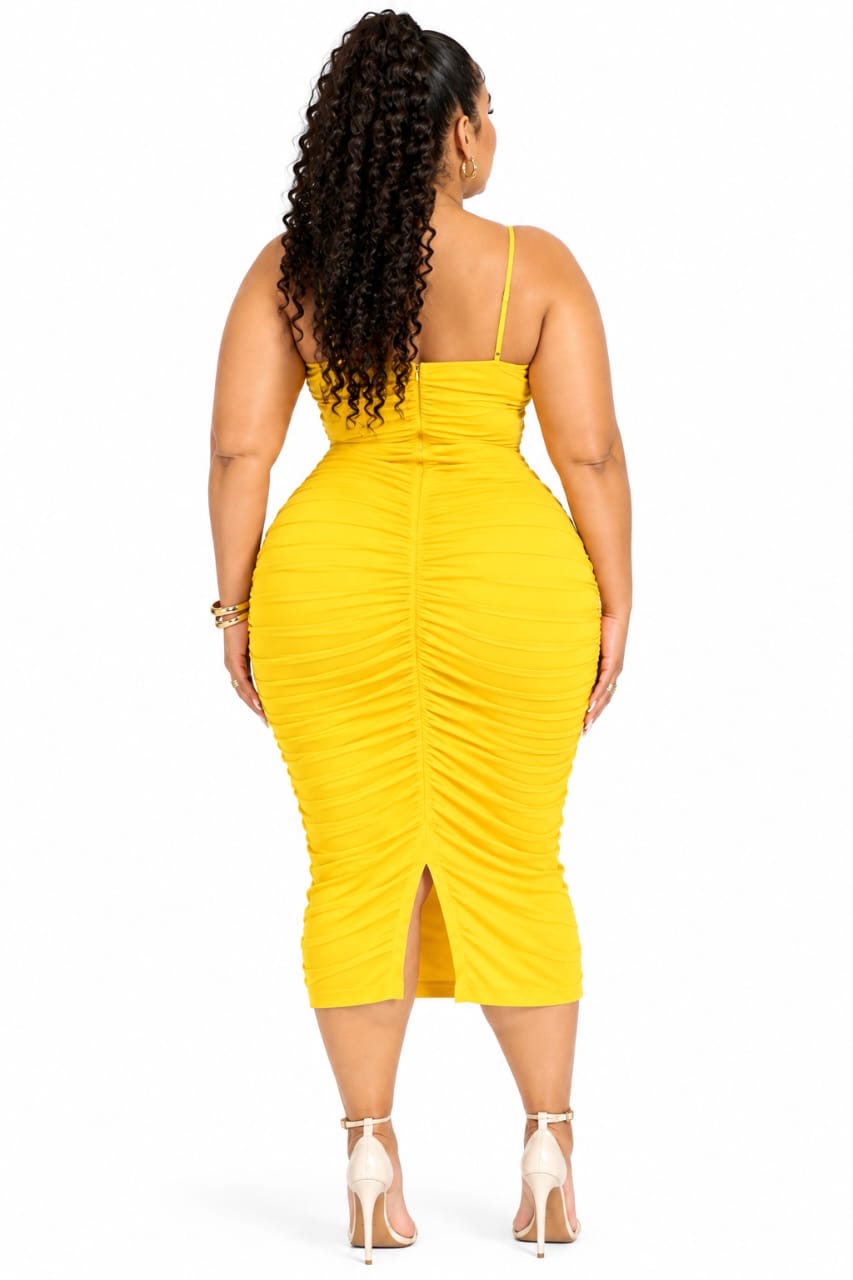 Yellow Kira Plus Size Ruched Midi Dress