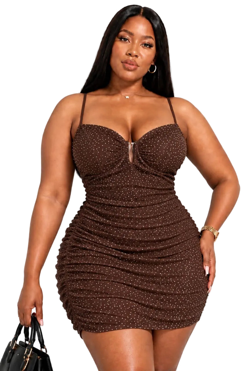 Brown Paige Plus Size Sparkle Ruched Mini Dress