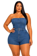 Blue Ember Plus Size Strapless Belted Denim Romper
