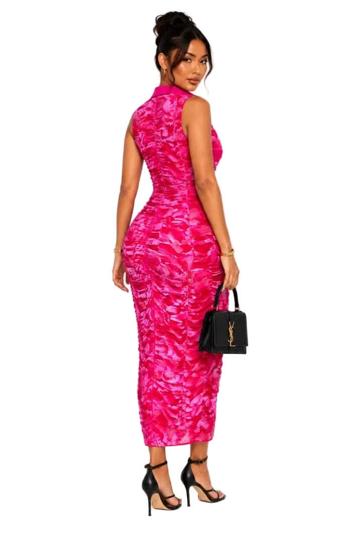 Pink Sophia Ruched Button-Front Midi Dress