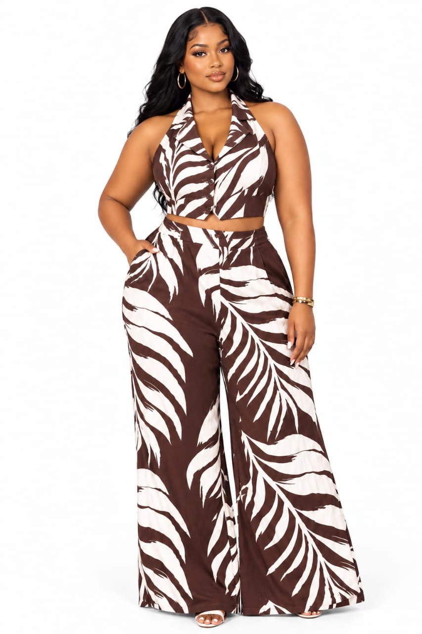 Brown Liana Tropical Leaf Halter Vest &amp; Wide-Leg Pants Set