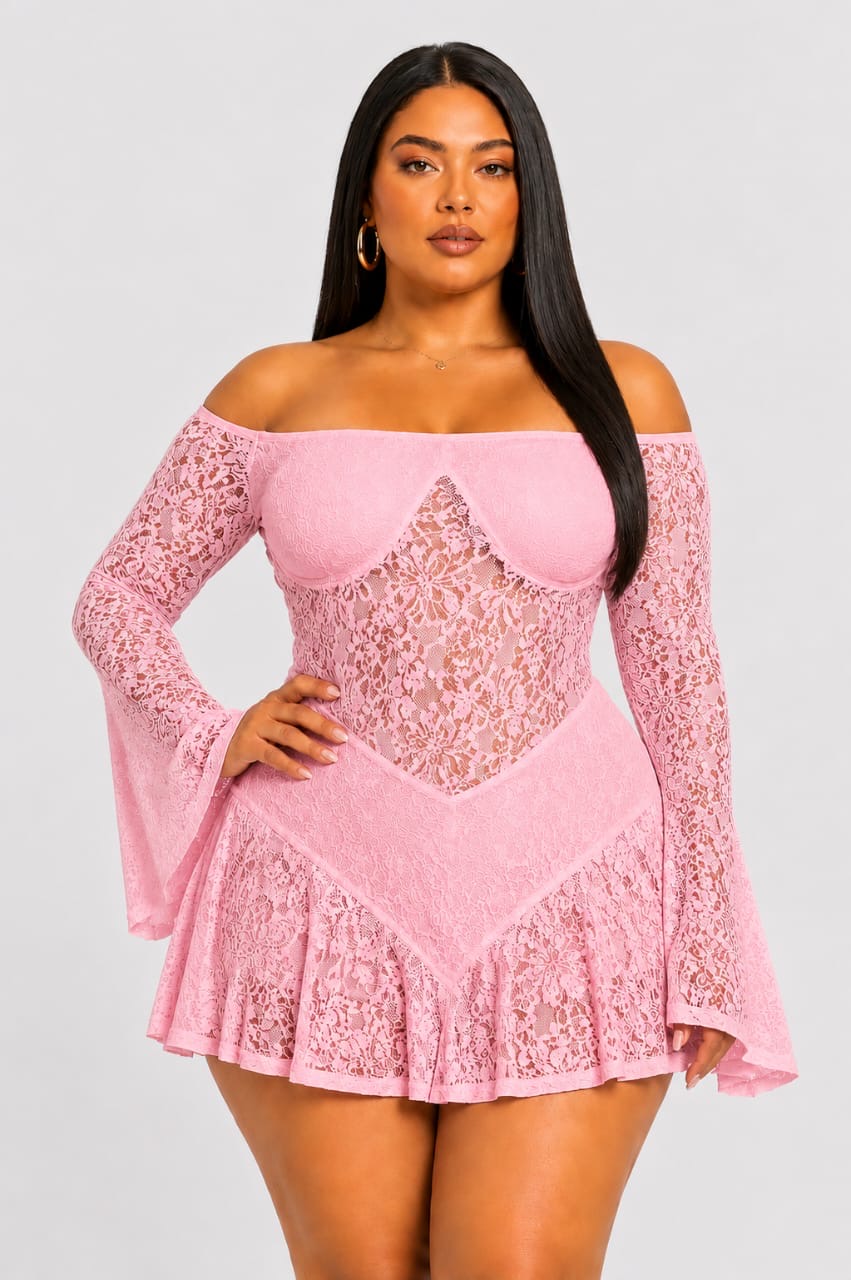 Pink Lace Off-Shoulder Brielle Plus Size Mini Dress