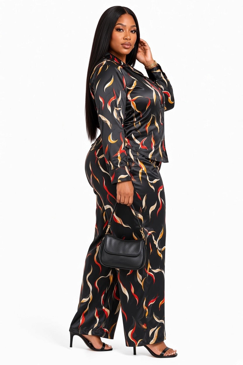 Black Finley Plus Size Printed Satin Shirt &amp; Wide-Leg Pants Set
